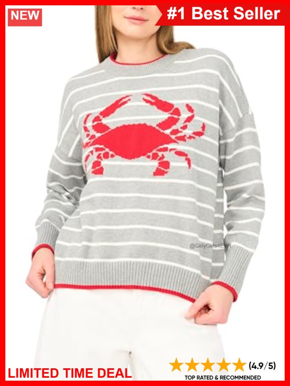 Crab Motif Striped Crew Neck Long Sleeve Sweater